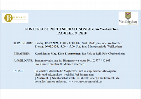 Kostenlose Rechtsberatungstage in Weißkirchen - RA Jilek & Reif