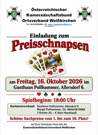 Einladung zum Preisschnapsen - ÖKB Weißkirchen