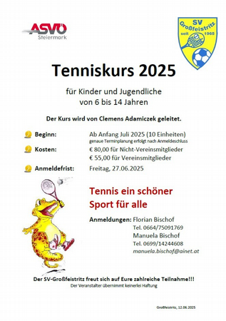 Tenniskurse für Kinder, Jugendliche, Erwachsene 2025 des SV Großfeistritz